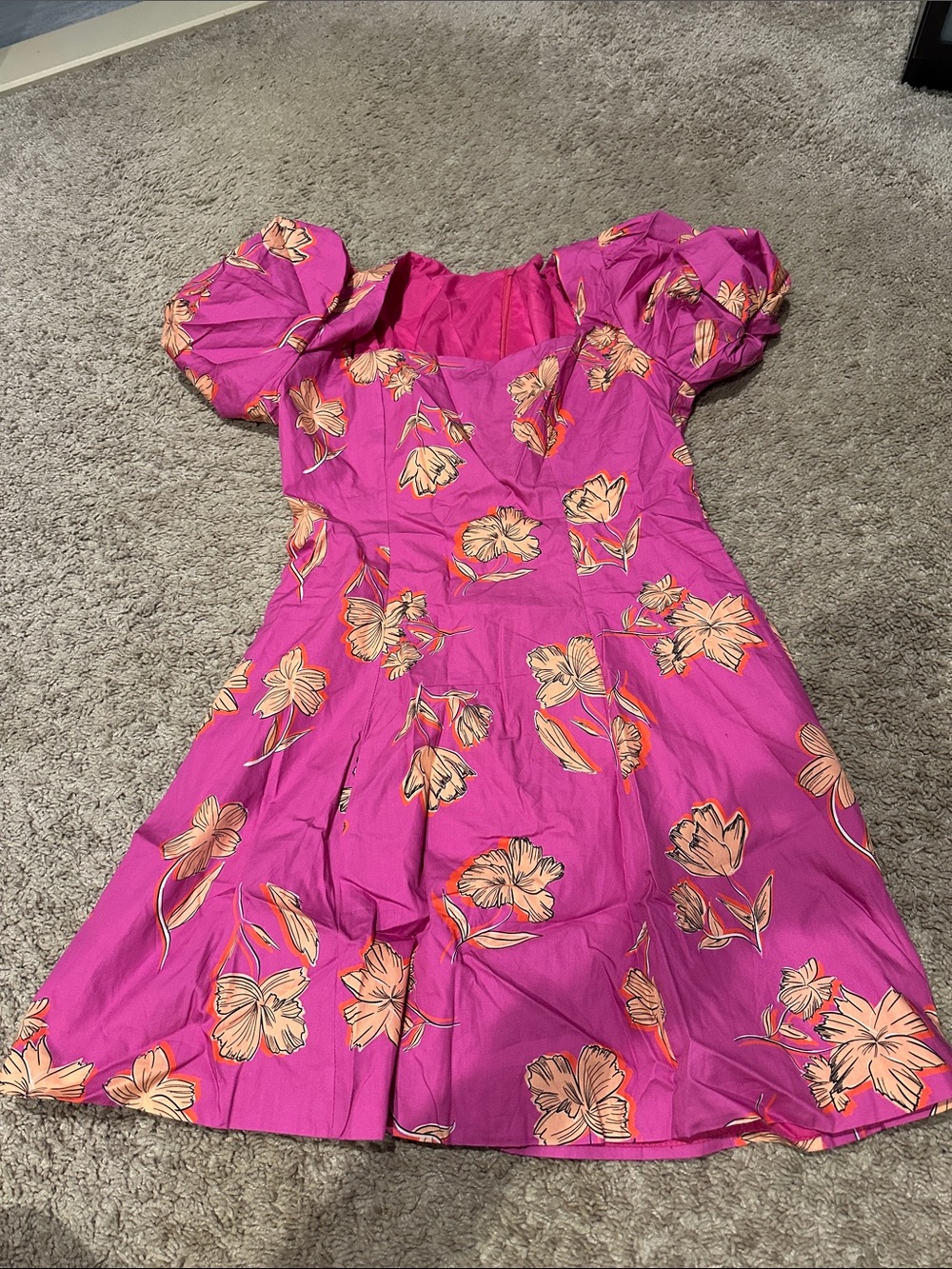 SHEIN Hot Pink Floral Puff-Sleeve Dress